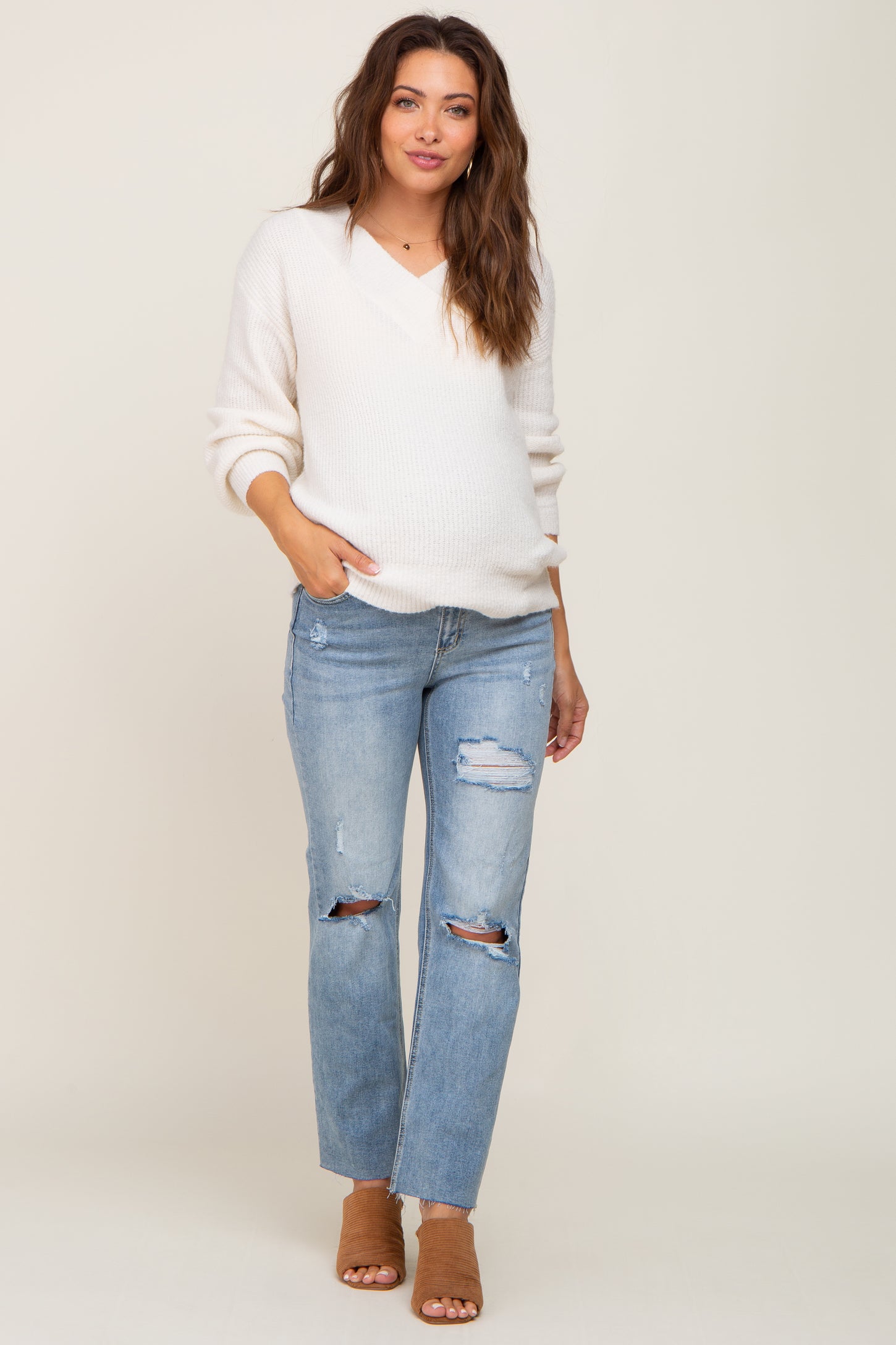 Light Blue Cropped Distressed Maternity Jeans