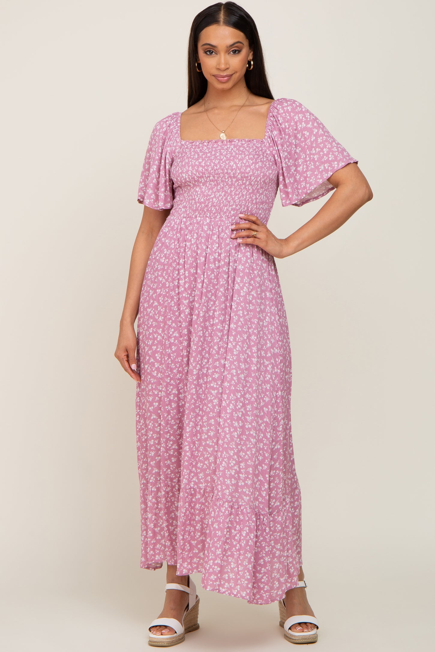 Pink Floral Smocked Midi Dress