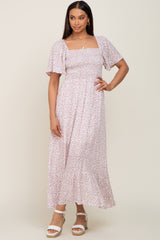 Ivory Floral Smocked Flounce Sleeve Maxi Dress