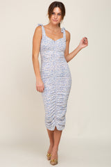 Light Blue Floral Ruched Shoulder Tie Dress