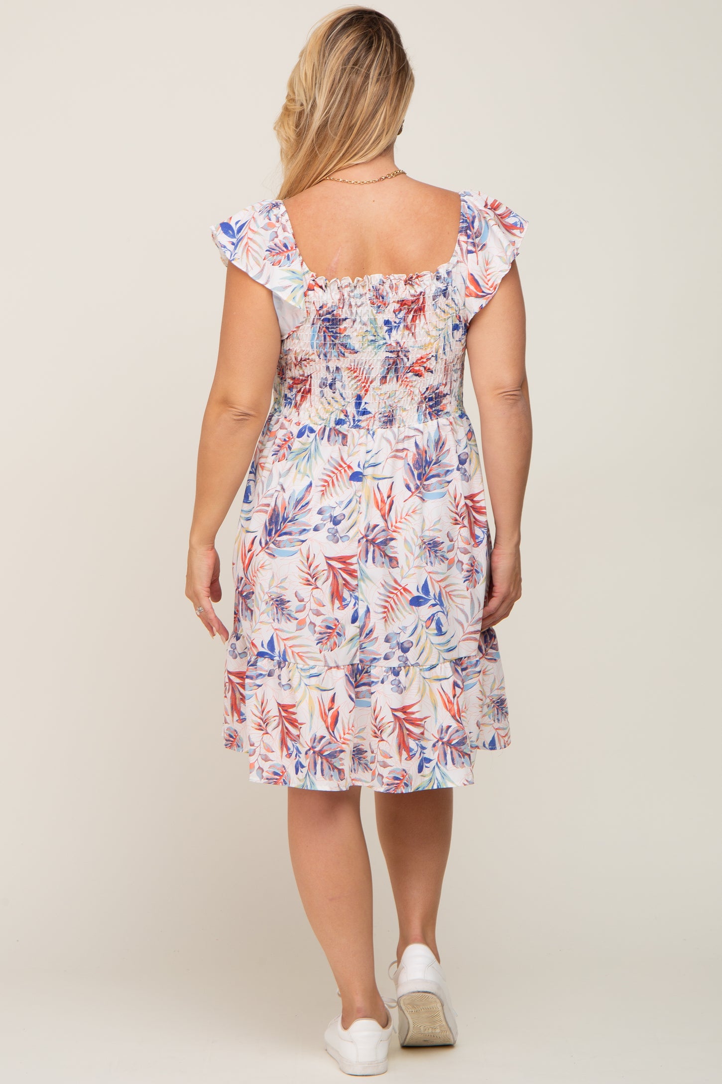 Cream Palm Print Smocked Flutter Sleeve Maternity Plus Dress