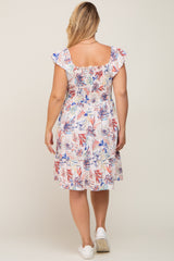 Cream Palm Print Smocked Flutter Sleeve Maternity Plus Dress