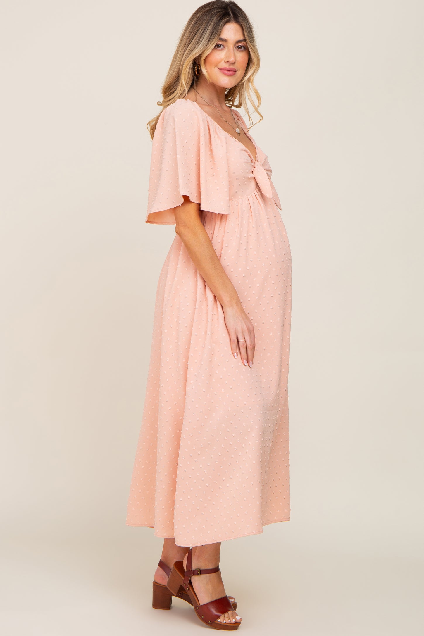Peach Textured Dot Front Tie Ruffle Sleeve Maternity Midi Dress