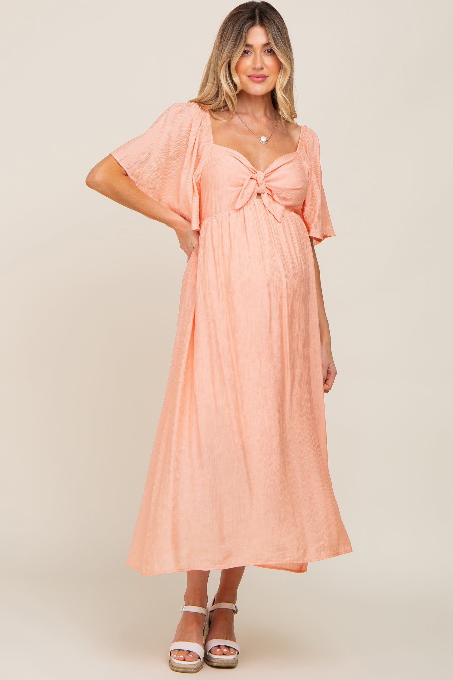 Peach Front Tie Ruffle Sleeve Maternity Midi Dress