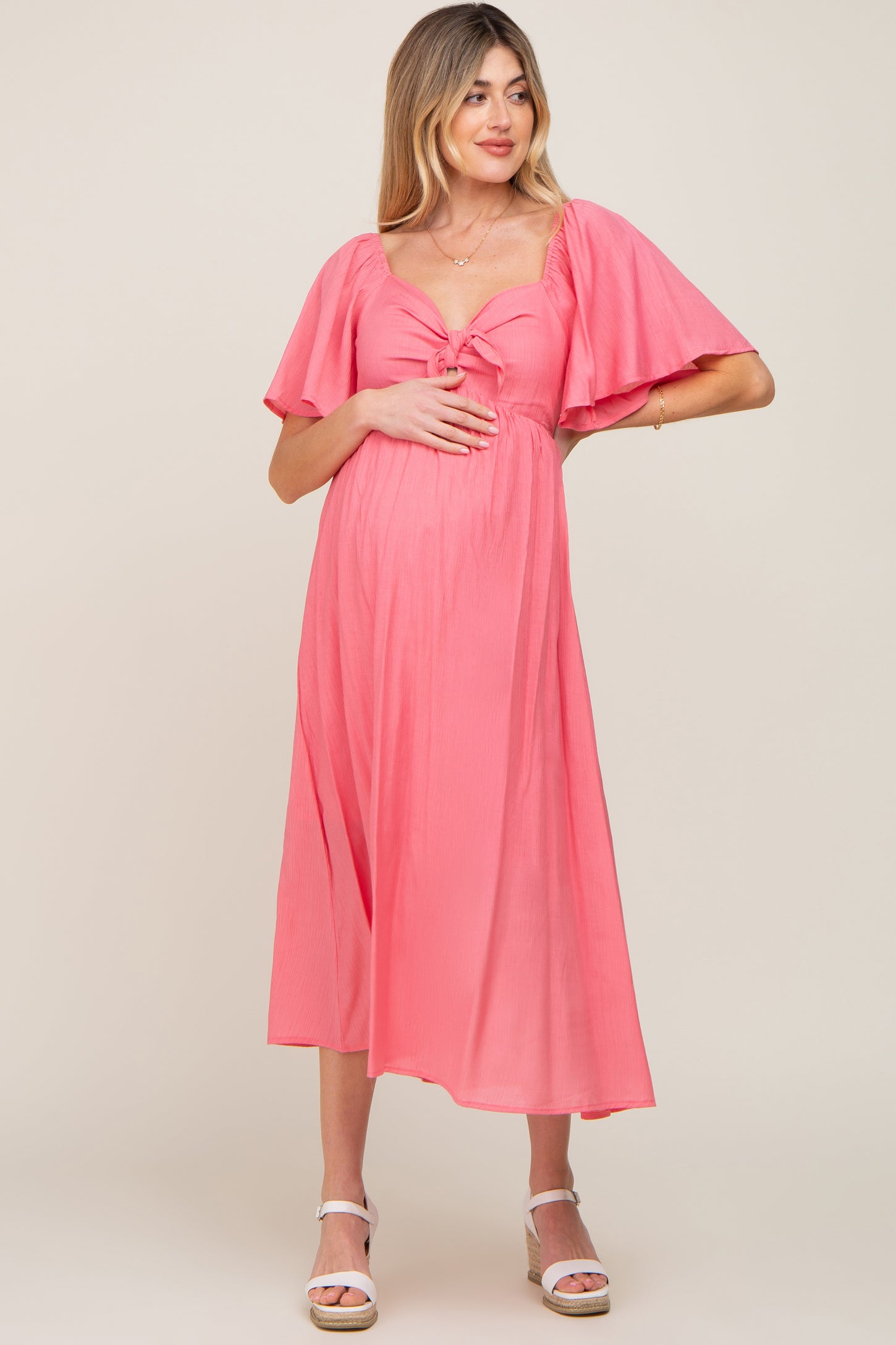 Coral Front Tie Ruffle Sleeve Maternity Midi Dress
