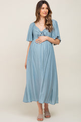 Blue Front Tie Ruffle Sleeve Maternity Midi Dress