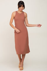 Rust Ribbed Sleeveless A-Line Midi Dress