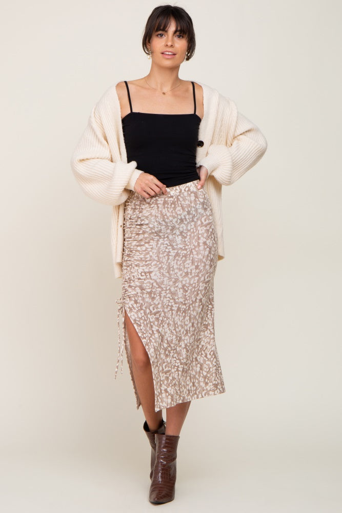 Taupe Leopard Print Drawstring Front Maternity Midi Skirt