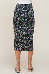 Navy Floral Ruched Slit Midi Skirt