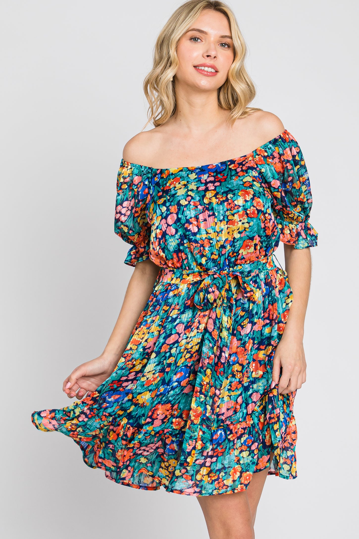 Navy Floral Chiffon Ruffle Accent Dress