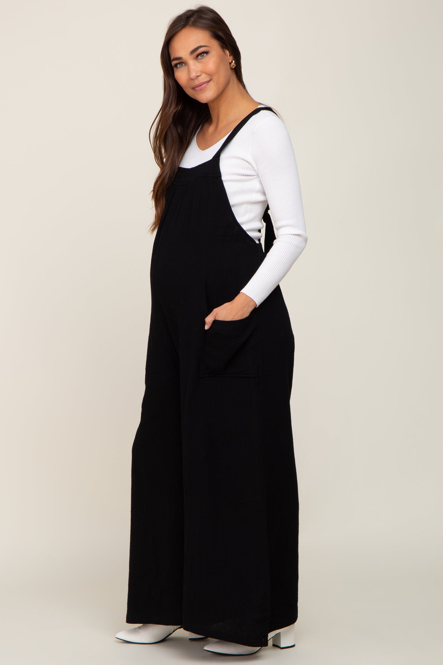 Black Wide Leg Tie Back Maternity Overalls