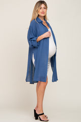 Blue Button Front Side Slit Oversized Maternity Blouse