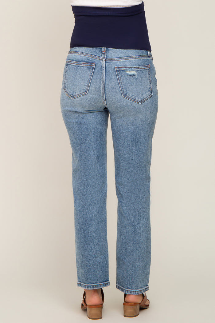 light wash maternity jeans with a stretchy waistband, shown from the back