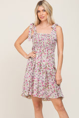 Cream Floral Smocked Sleeveless Tiered Maternity Dress