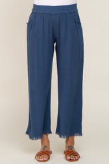 Navy Linen Frayed Hem Crop Maternity Pants