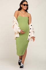 Light Olive Ribbed Knit Side Slit Maternity Midi Dress