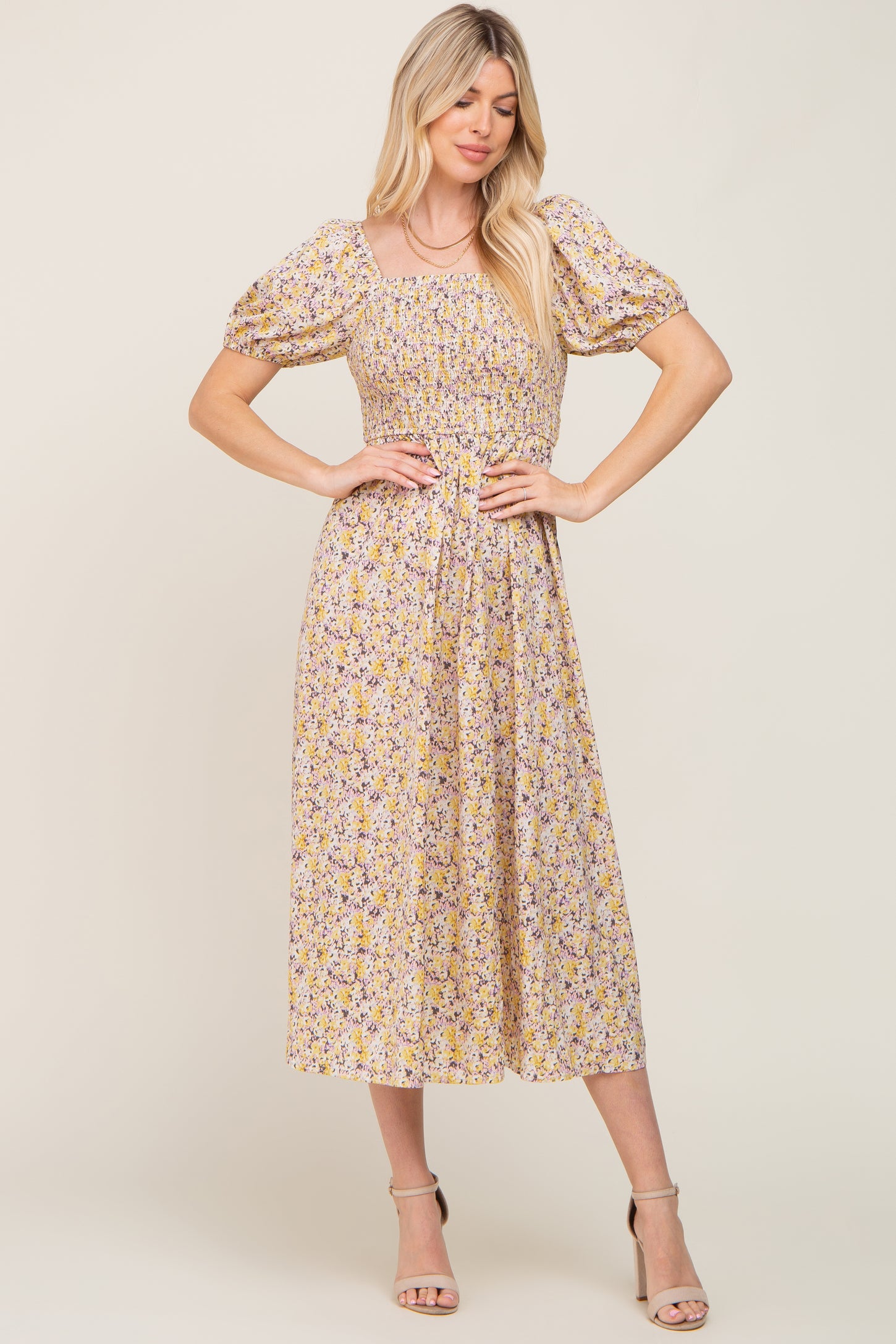 Yellow Abstract Floral Smocked Midi Dress