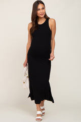 Black Ribbed Maternity Side Slit Tank Dress
