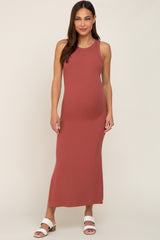 Rust Ribbed Maternity Side Slit Tank Dress