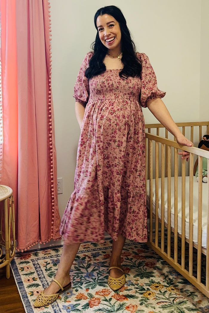 Pink Floral Smocked Maternity Midi Dress
