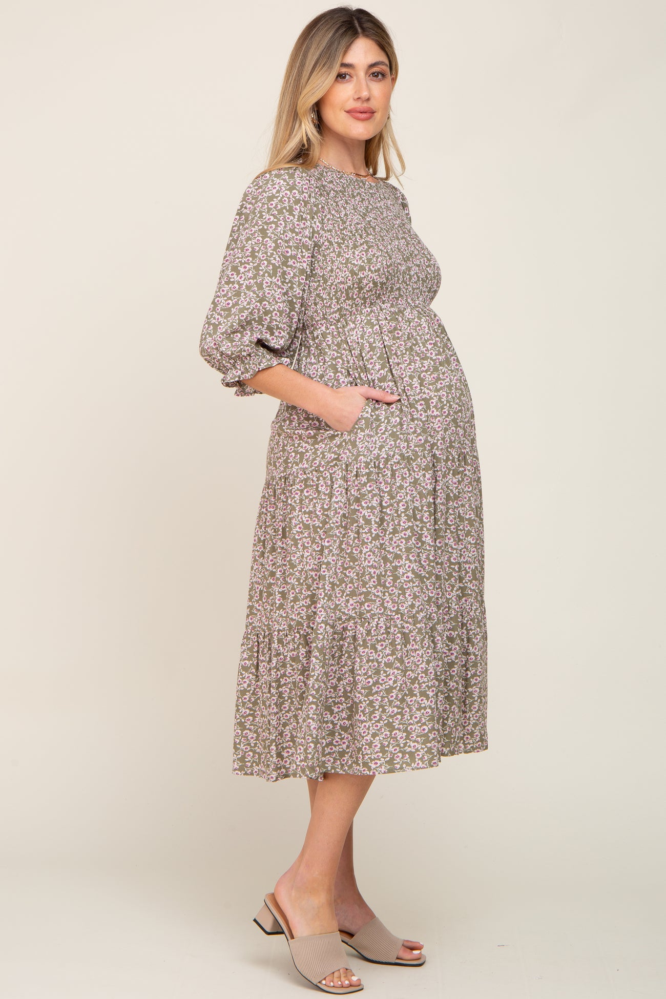 Olive Floral Smocked 3/4 Sleeve Maternity Midi Dress