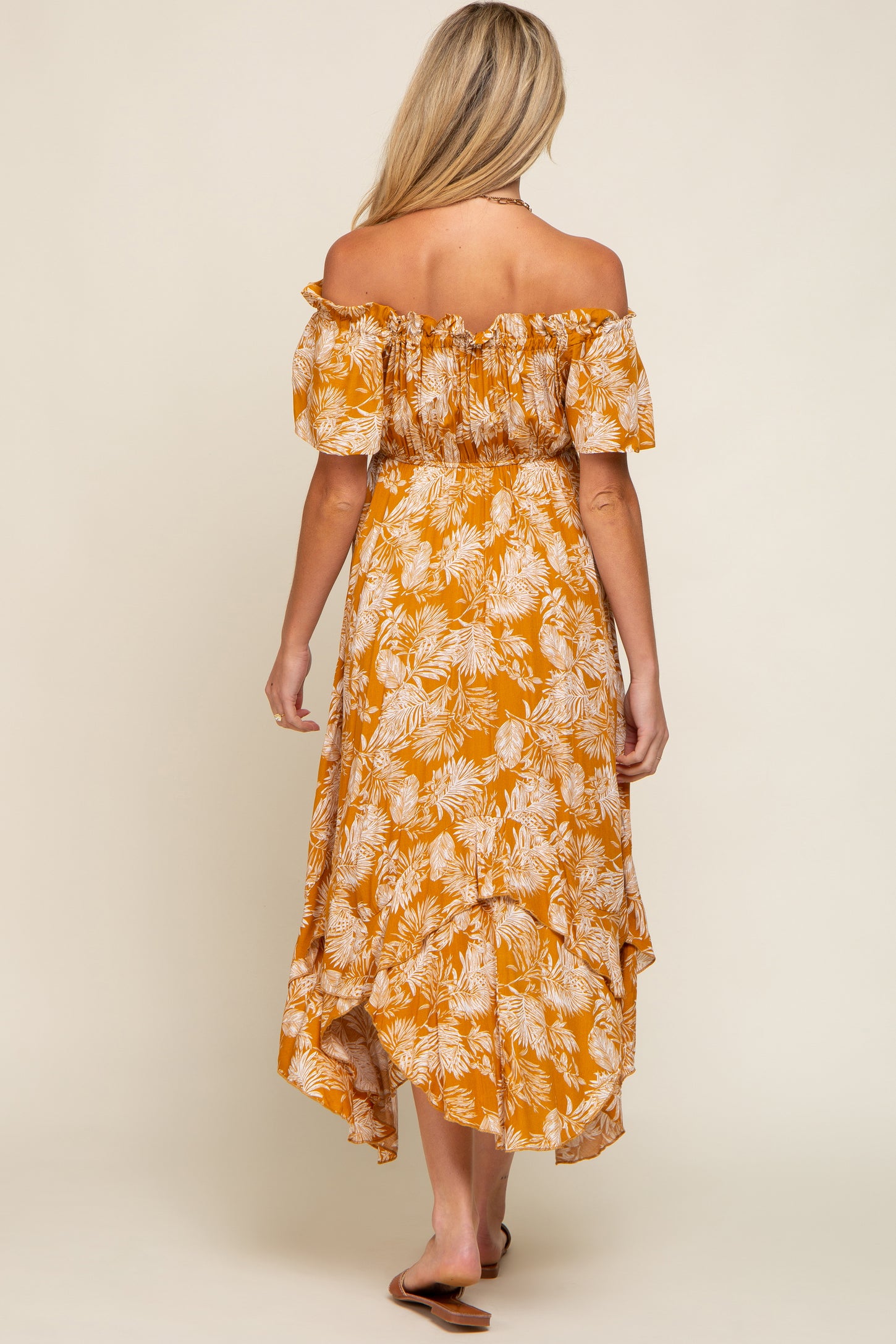 Camel Leaf Print Off Shoulder Handkerchief Maternity Midi Dress