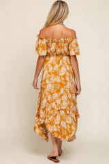 Camel Leaf Print Off Shoulder Handkerchief Maternity Midi Dress