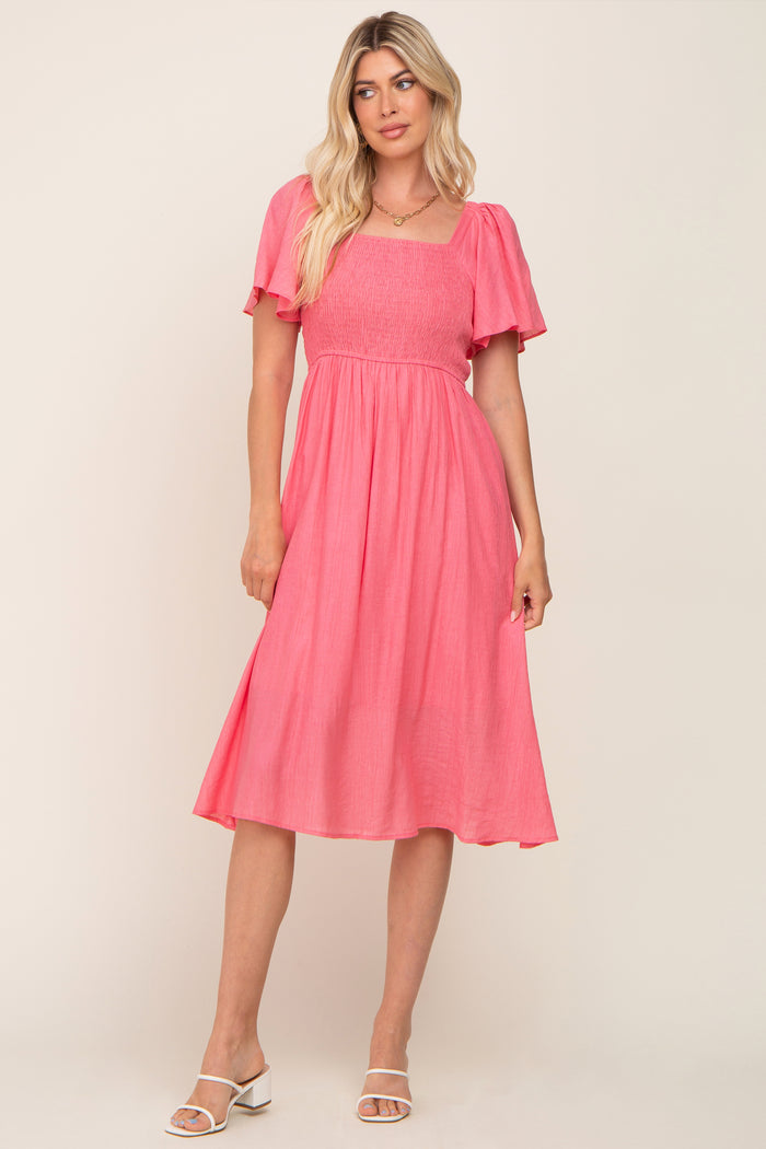 Coral Smocked Square Neck Flutter Short Sleeve Maternity Midi Dress