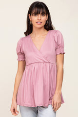 Mauve Puff Sleeve Crossover Maternity/Nursing Top