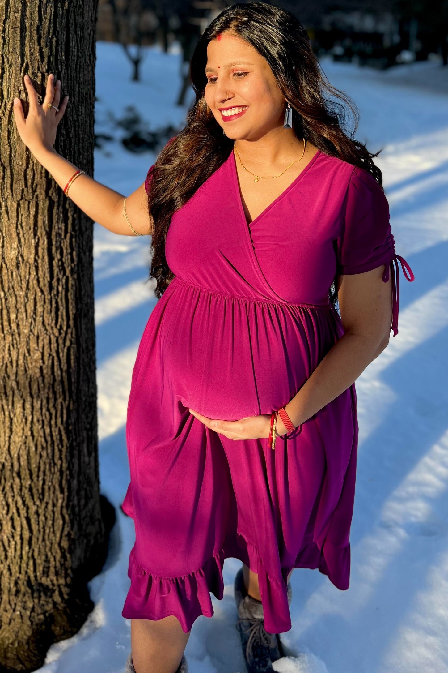Purple Cinched Sleeve Maternity Midi Dress