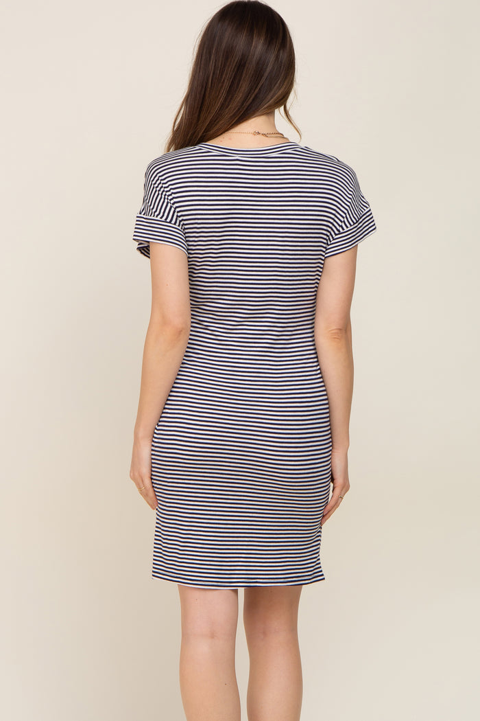 Navy Striped Tie Front Maternity Dress