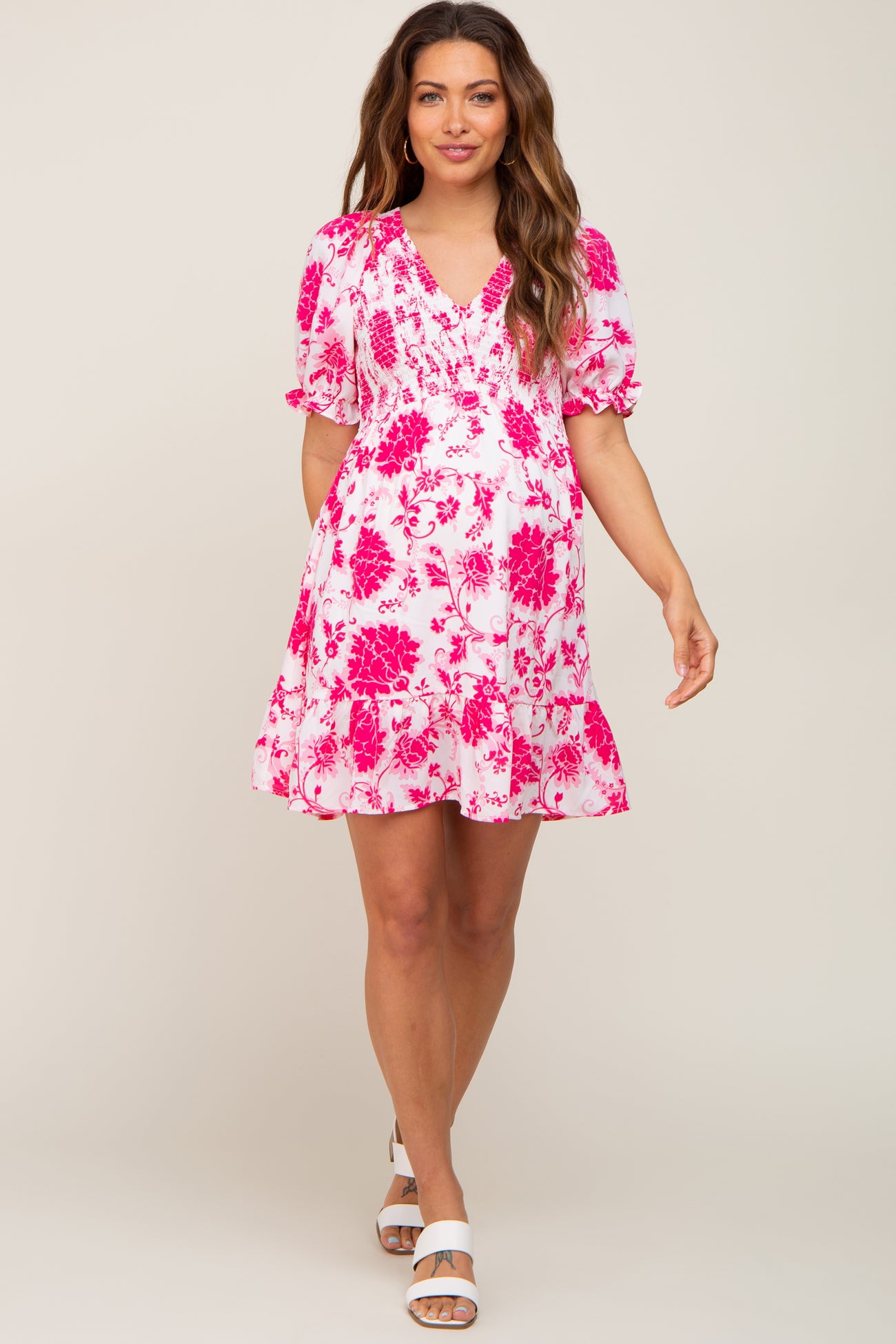 Fuchsia Floral Smocked Puff Sleeve Maternity Dress