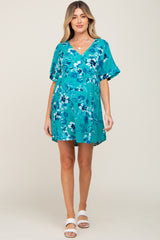 Teal Tropical Floral V-Neck Short Sleeve Maternity Dress