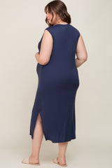 Navy Sleeveless Front Pocket Maternity Plus Midi Dress