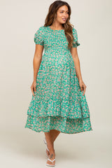 Green Floral Smocked Layered Maternity Midi Dress
