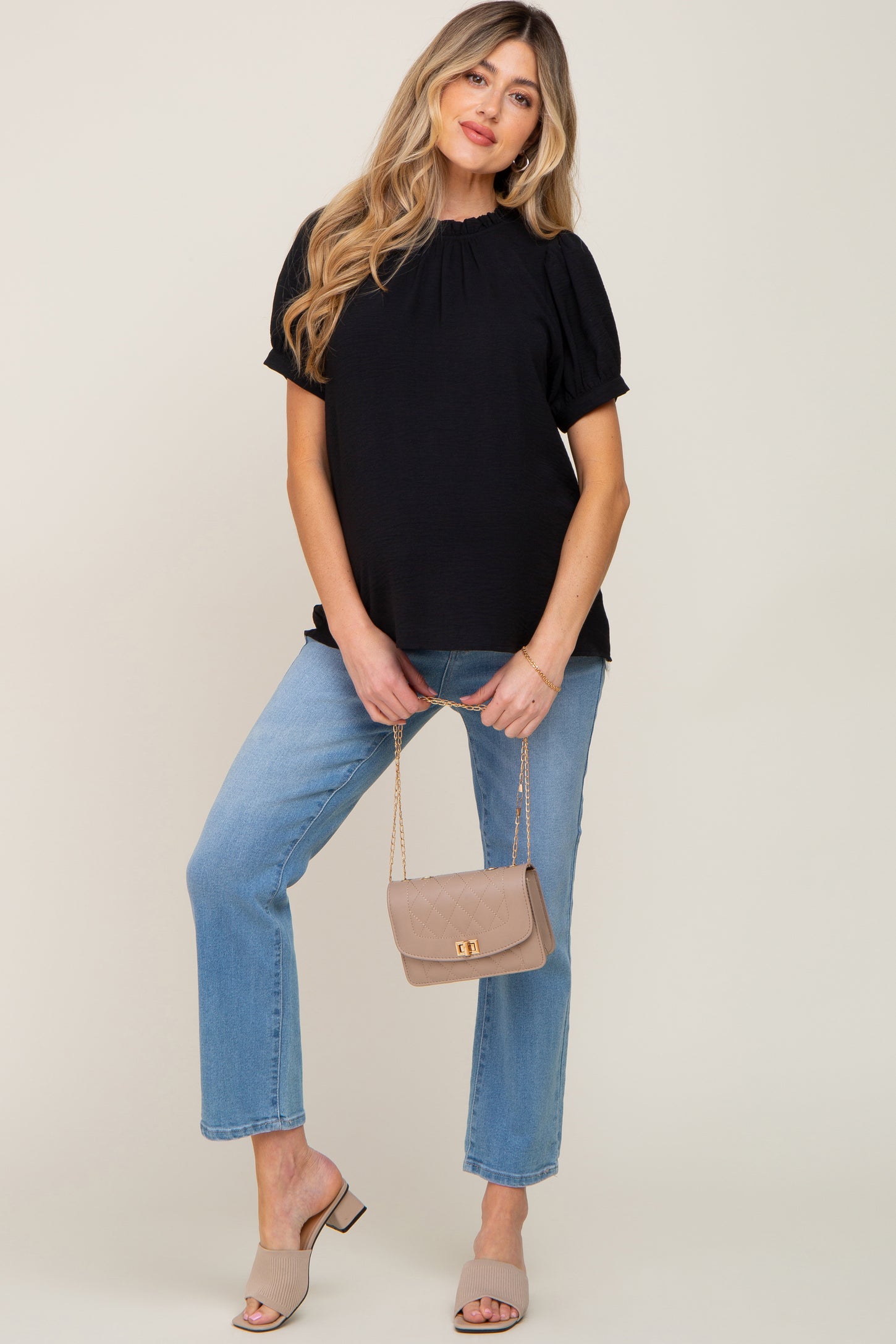 Black Ruffle Mock Neck Maternity Blouse Top