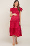 Fuchsia Print Smocked Ruffle Tiered Maternity Midi Dress