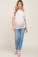 Ivory Floral Side Ruched Maternity Short Sleeve Top