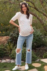 Ivory Floral Side Ruched Maternity Short Sleeve Top