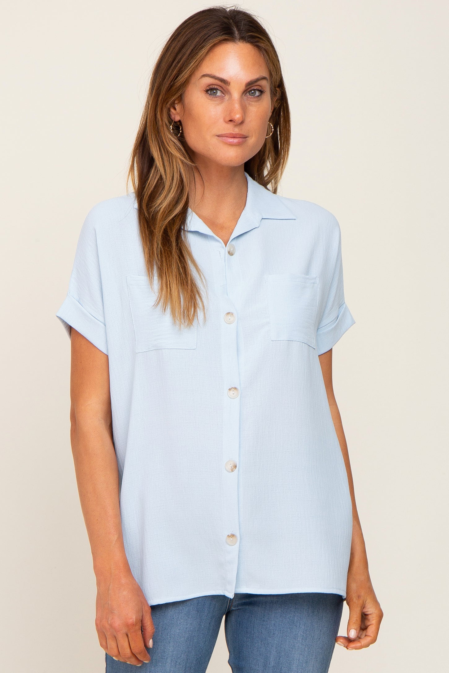 Light Blue Collared Button-Down Short Sleeve Maternity Blouse