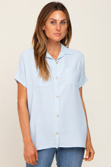 Light Blue Collared Button-Down Short Sleeve Maternity Blouse