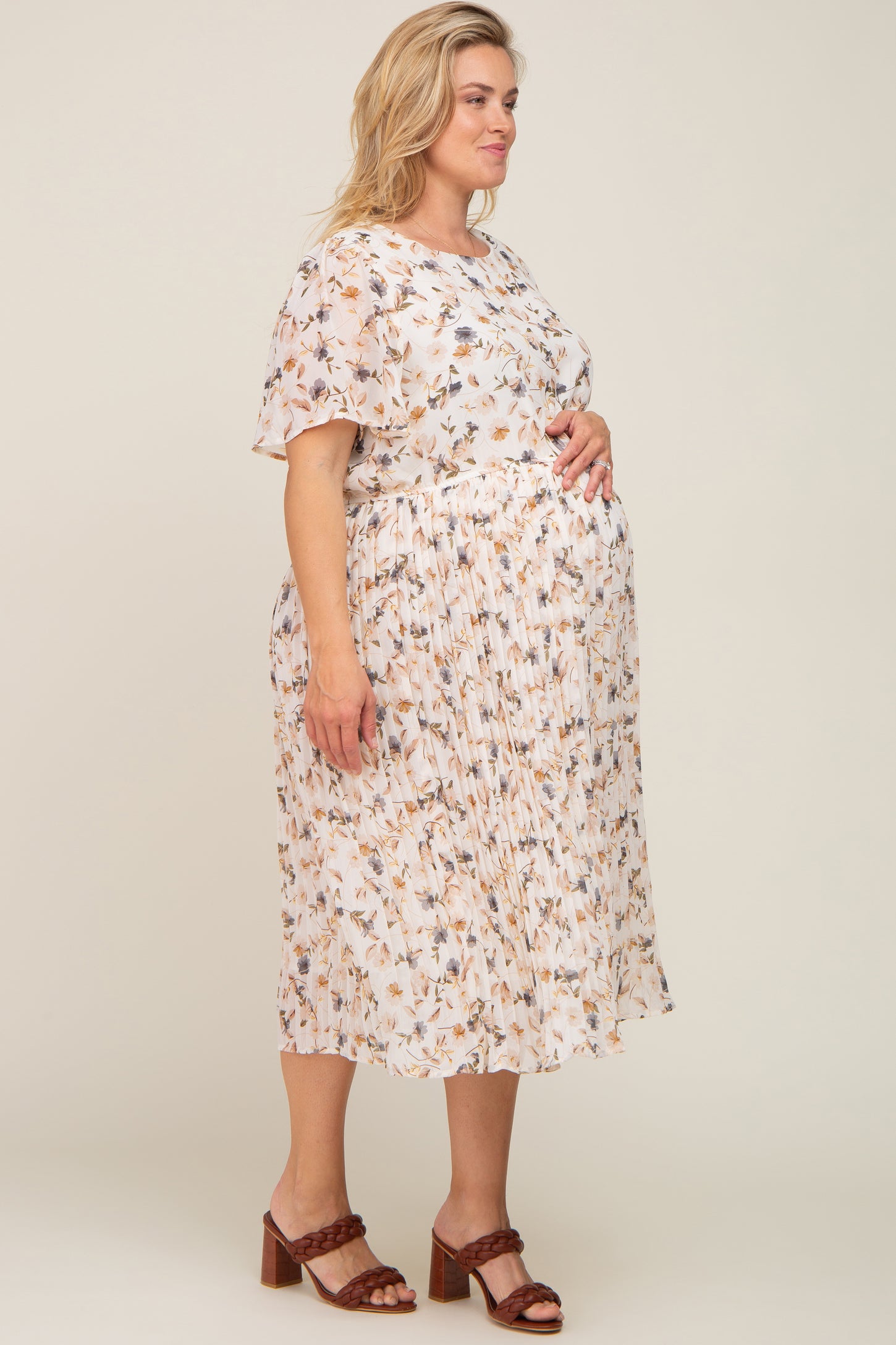 Ivory Floral Chiffon Pleated Short Sleeve Maternity Plus Midi Dress