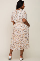 Ivory Floral Chiffon Pleated Short Sleeve Maternity Plus Midi Dress