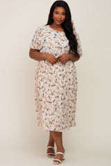 Ivory Floral Chiffon Pleated Short Sleeve Maternity Plus Midi Dress