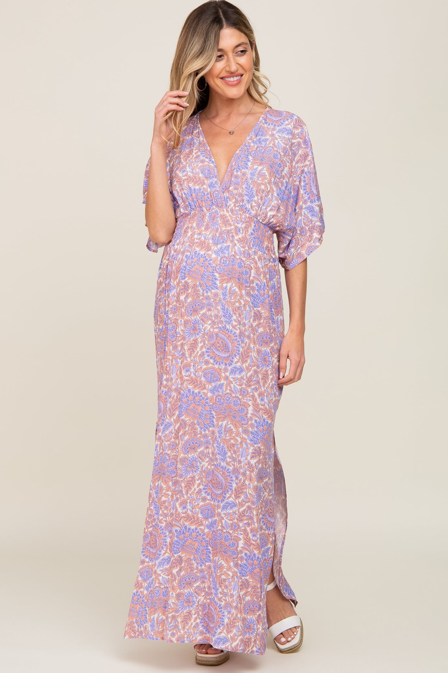 Multi-Color Floral V-Neck Smocked Waist Maternity Maxi Dress