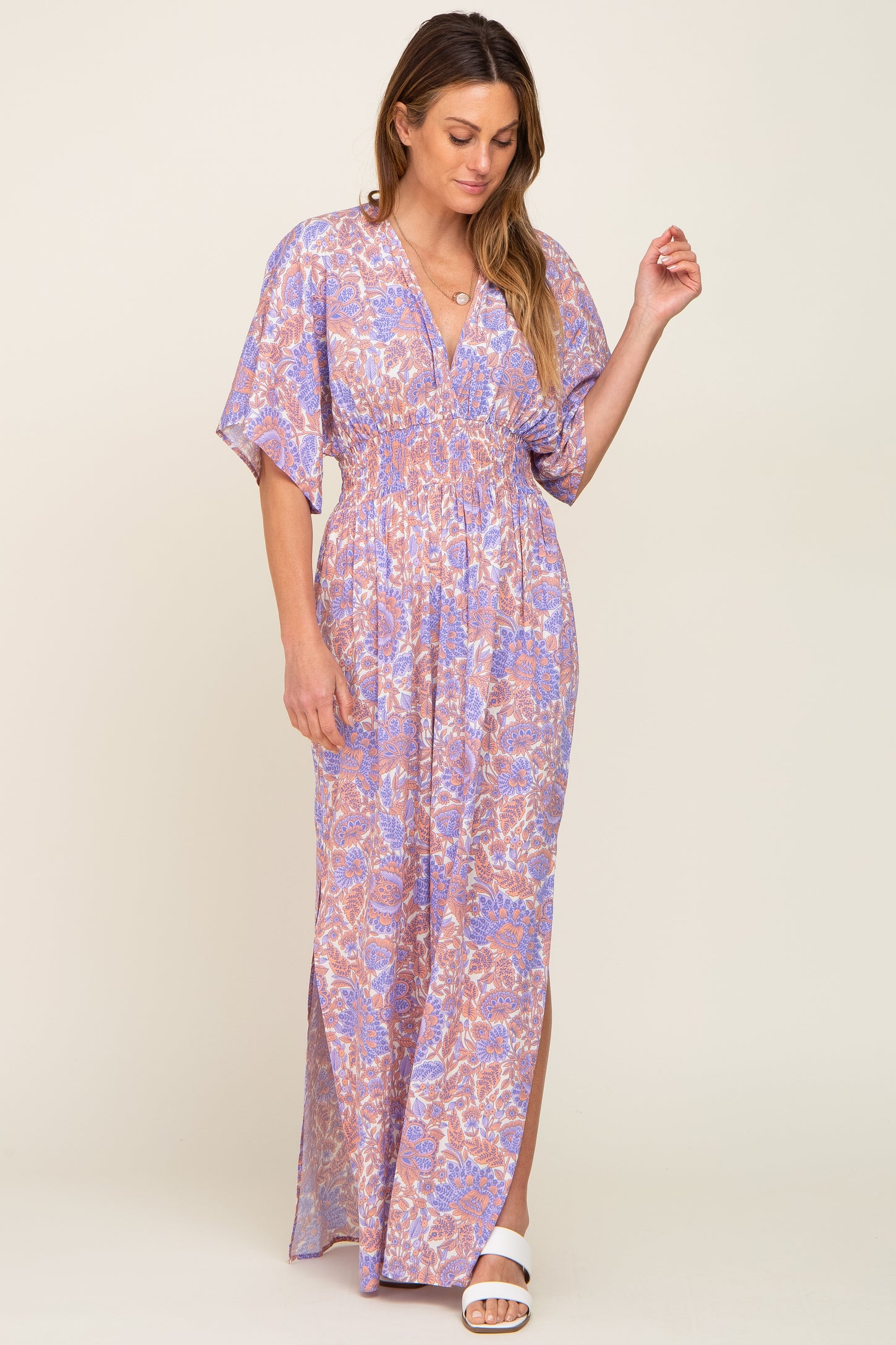Multi-Color Floral V-Neck Smocked Waist Maxi Dress