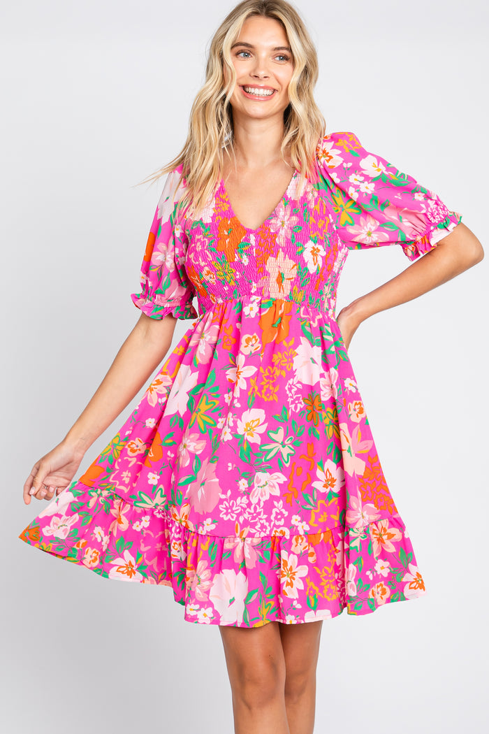 Fuchsia Floral Smocked Puff Sleeve Maternity Dress