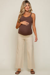 Beige Raw Hem Wide Leg Maternity Jeans