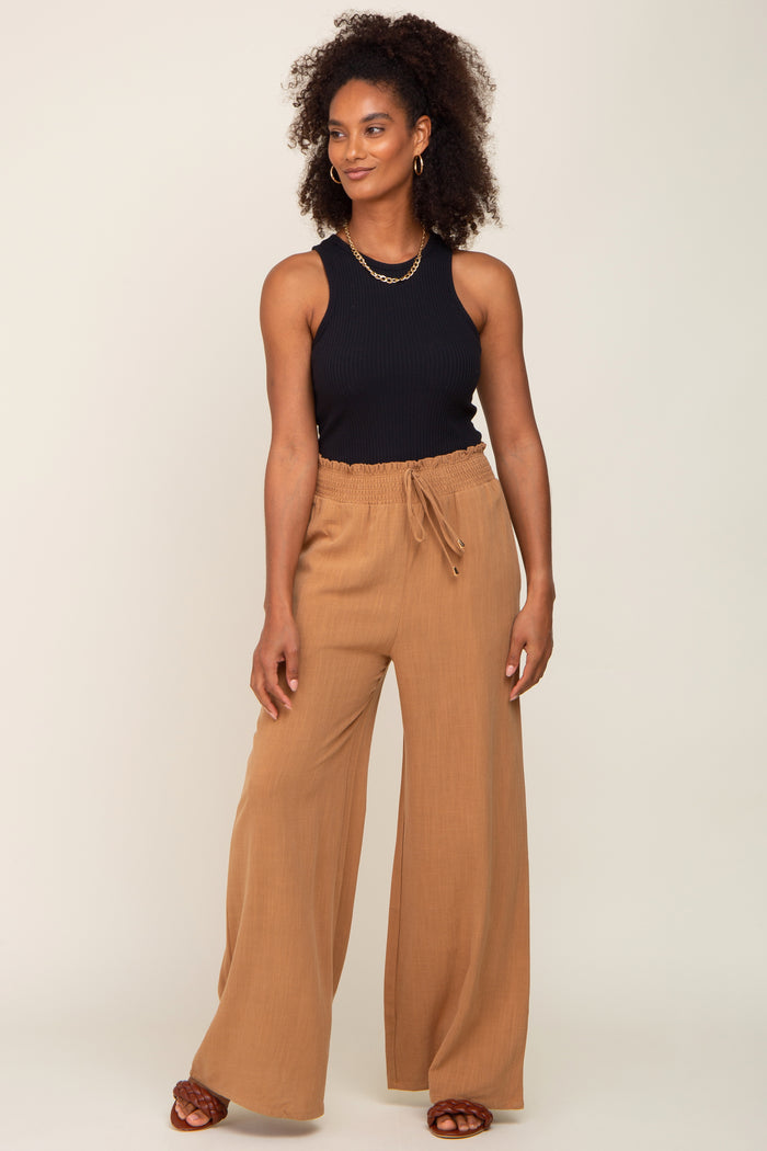 Camel Smocked Waist Wide Leg Linen Maternity Pants