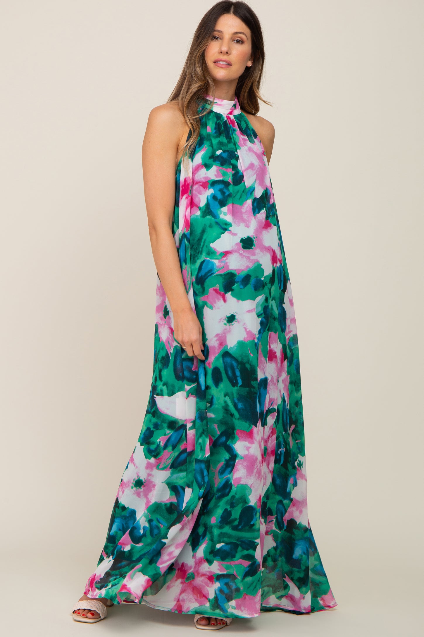 Green Multi-Color Halter Maternity Maxi Dress